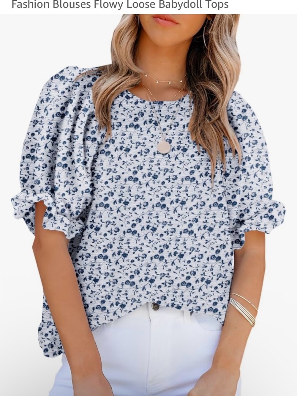 Blue Floral Puff-Sleeve Womens Top